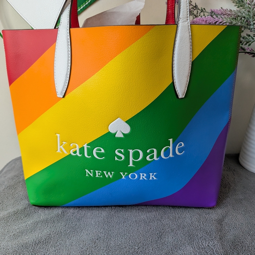 kate spade rainbow stripe tote with white wristlet - Picture 2 of 7